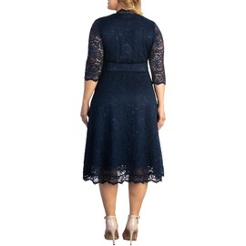 Kiyonna Women's Plus Size Mademoiselle Midi Lace Cocktail Dress for Wedding Guest, Mother of The Bride/Groom, Formal or Semi-Formal, Navy Blue Size 2X (18-20)