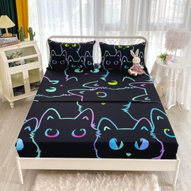 QOOMO Cute Cartoon Cat Sheets Set Full Size,Animals Kids Bed Sheets with 2 Pillowcase,Cat Sheets Fitted Sheet with 16" Deep Pocket,Microfiber Printed Bedding Sheets