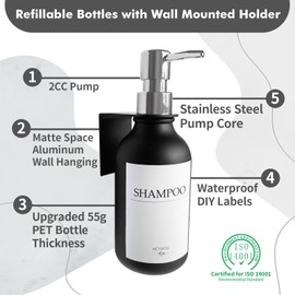 Shampoo Dispenser for Shower Wall, Shampoo and Conditioner Dispenser with 16 Waterproof Labels, No Drill Shower Soap Dispenser Bathroom, Shower Soap Dispenser Wall Mounted,17oz, 3 Pack, Silver Black