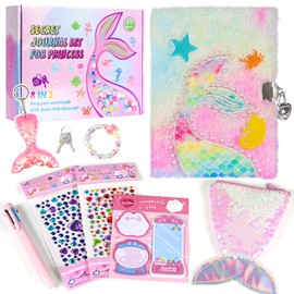 Diary with Lock, 6 7 8 Year Old Girl Birthday Gift, Journal for Girls Ages 8-12, Kids Journal for Little Girl, Cute Notebook with Multicolors Pen and Purse, Locking Diary Fuzzy Mermaid Notebook (Pink)