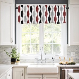 YOKOU Curtain Valance, Wave Stripes Geometric Pattern Mid Century Black Gray Burgundy Red Short Rod Pocket Window Treatment for Living Room, Bedroom, Kitchen, Bathroom, 1 Panel, 54" W x 18" L