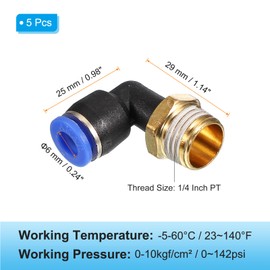 PATIKIL 1/4" Push to Connect Fitting, 5 Pack PT Male Thread 90 Degree Connect 6mm Tubing Elbow and Straight Combination Air Tube Fitting Pneumatic Quick Connect Adapter, Blue