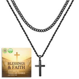 Halukakah Men's 18K Gold/Platinum/Rhodium Black Plated Layer Cross Necklace for Men and Boys - Titanium Steel Cross Pendant, Cuban Rope 2 Chains, Length 60 cm and 45 cm, Titanium steel, No Gemstone