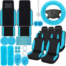 47 Car Seat Cover Full Set Car Accessories Car Seat Covers for Car Front Rear Seat Cover Fluffy Steering Wheel Cover Seat Belt Automotive Floor Mats Car Air Conditioner Decoration Strip (Lake Blue)
