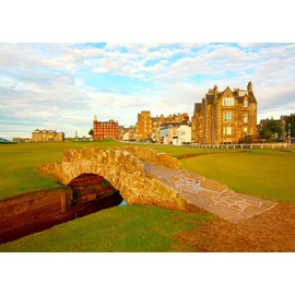 CORFOTO 7x5ft Fabric Old Golf Course Photography Backdrop Scotland Swilcan Bridge at Sunset Background Beautiful British St Andrews Decorations Kids Travel Birthday Party Photo Studio Props