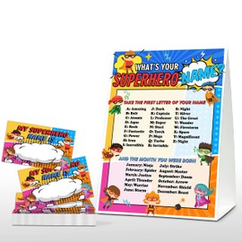 What's Your Superhero Name Game - Super Hero Birthday Party Games for Boys - Family School Classroom Activity - 1 Standing Sign and 30 Stickers - Kids Superhero Party Supplies Decorations(06)