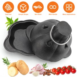 Pre-seasoned Cast Iron Garlic Roaster, Cast Iron Smoker Roaster, Cast Iron Garlic Roaster with Handle, Garlic Baker Garlic Cooker for Kitchen Oven, Outdoor BBQ Gatherings