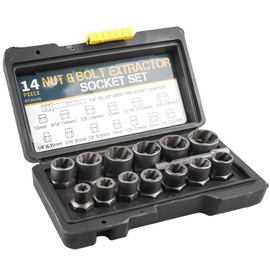 14-Piece Nut Remover Set, Spiral Profile Socket Spanner Set, Wheel Nut Remover with Hex Adapter, Screw Extractor Set of Damaged Rusted Nuts and Screws (6.35-19 mm)