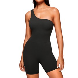 CRZ YOGA Butterluxe One Shoulder Athletic Rompers for Women Removable Padded Shorts Jumpsuit One Piece Stretchy Bodysuit Black Small