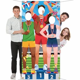 DPKOW Medal Podium Athletes Banner for Sports Party Games Accessories, Athletes Face Photo Props Banner for Sports Themed Party Decoration Sports Photo Booth Accessories, 185 * 90cm