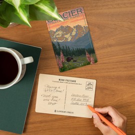 Glacier National Park, Montana, Bear and Cubs with Flowers (4x6 Birch Wood Postcards, 2-Pack Stationary, Rustic Home Wall Decor)