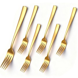 tiokin 6 Piece Dinner Forks Set, Food-Grade Stainless Steel Forks Silverware, Cutlery Fork,Gold Salad Fork, Metal Forks for Home, Kitchen or Restaurant, Mirror Polished, Dishwasher Safe - 8Inch