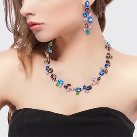 Clearine Bling Rhinestone Oval Teardrop Cluster Statement Necklace Dangle Earrings Jewellery Set for Women Girls Costume Party Prom Fuchsia/Champagne Gold Tone, Crystal