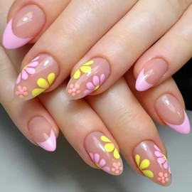 Colorful Flowers Press on Nails Short Round Fake Nail with Floral Designs Pink French Tip False Nails Acrylic Glue on Nail Spring Summer Full Cover Artificial Stick on Nail for Women 24 Pcs