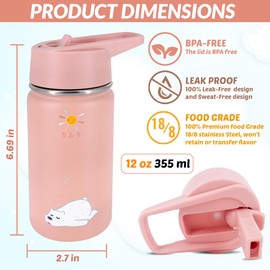 B&B Kids Stainless Steel Water Bottle with Straw Kids Insulated Water Thermos for School, Trip & Travel,Water Bottles for Boys Girls Reusable Double Wall Vacuum Leak Proof BPA Free (Pink, 12 oz)
