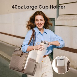 LOVEVOOK Laptop Tote Bag for Women, Work Bag Teacher Tote with Large Cup Holder, Quilted Nurse Diaper Bag for Travel, College Computer Women's handbags for Teacher gift, Khaki-beige-coffee, 15.6 Inch