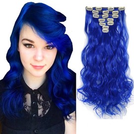 LaLuLoLi Party Daily Use Synthetic Heat Resistent Fiber Clip on Hair Extension 100g 20" 7pcs/16clips/pack 2517# Dark Blue Long Full Head Clip in Wavy Curly Hair Extensions for Women Girl Ladie
