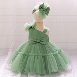 OBEEII Pageant Dress for Baby Girls Bowknot Birthday Party Photoshoot Tulle Tutu Dress with Headband Infant Princess Wedding Flower Girl Outfit Kids Formal Baptism Prom Ball Gown Green 6-9 Months