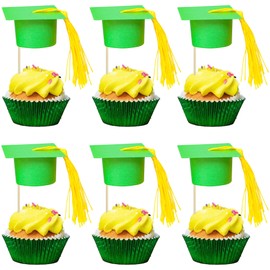 Gyufise 24Pcs 3D 2025 Graduation Cap Cupcake Toppers DIY 2025 Congrats Grad Cupcake Picks Graduation Cap with Tassels 2025 Graduation Cupcake Picks for Graduation Theme Party Supplies Green Gold