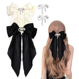 Pack of 2 Hair Clips with Large Bow, Satin Hair Bows with 2 Safety Pins Black Bow Hair Women (Black, Beige)