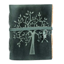 LEATHER VILLAGE Tree of Life Journal - 13 X 8 inches - Aqua - 200 Antique Deckle Edge Handmade Paper – Book of Shadows - Vintage Leather Bound Journal for Women & Men