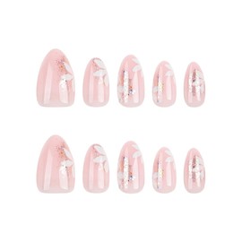 24Pcs Almond Press on Nails Medium Fake Nails White Flower Glitter False Nail Glossy Glue on Nails Full Cover Pink White Artificial Nails for Women and Girls Manicure Decoration