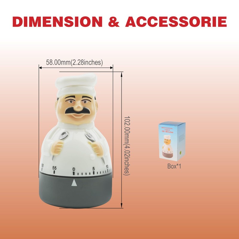 Rileyfine WG012 Kitchen Mechanical Timer, Countdown Alarm Clock, Chef Shape,