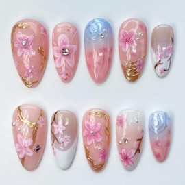 30Pcs Summer Almond Press on Nails with Cherry Blossom Pearl Rhinestones Gold French Tips Reusable Fake Nails for Wedding Party, Flowers Nail Art Set, DIY Long Pink Acrylic False Nails for Daily Wear