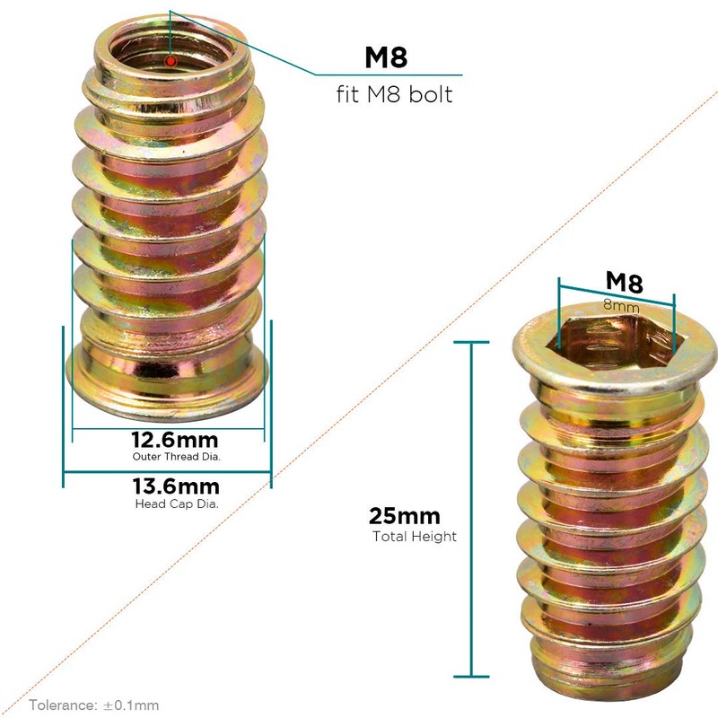 YoiYee Wood Furniture M8 x 25 mm Threaded Insert Nuts