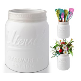 Comfify Wide Mouth Mason Jar Utensil Holder Decorative Kitchenware Organizer Crock - Perfect Cookware Gift - White, Large Size 5.4x6.75