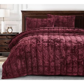 Chezmoi Collection Piers Burgundy Velvet Quilt King Set, 3-Piece Lush Plush Distressed Velvet Bedding All Season Lightweight Comforter - Brushed Microfiber Reverse with Double Square Stitch