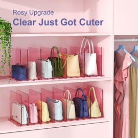 SortNStore Purse Organizer for Closet: Shelf Dividers Adjustable Acrylic Bag Closet Organizers and Storage Pink 4 Bases 14 Shelves