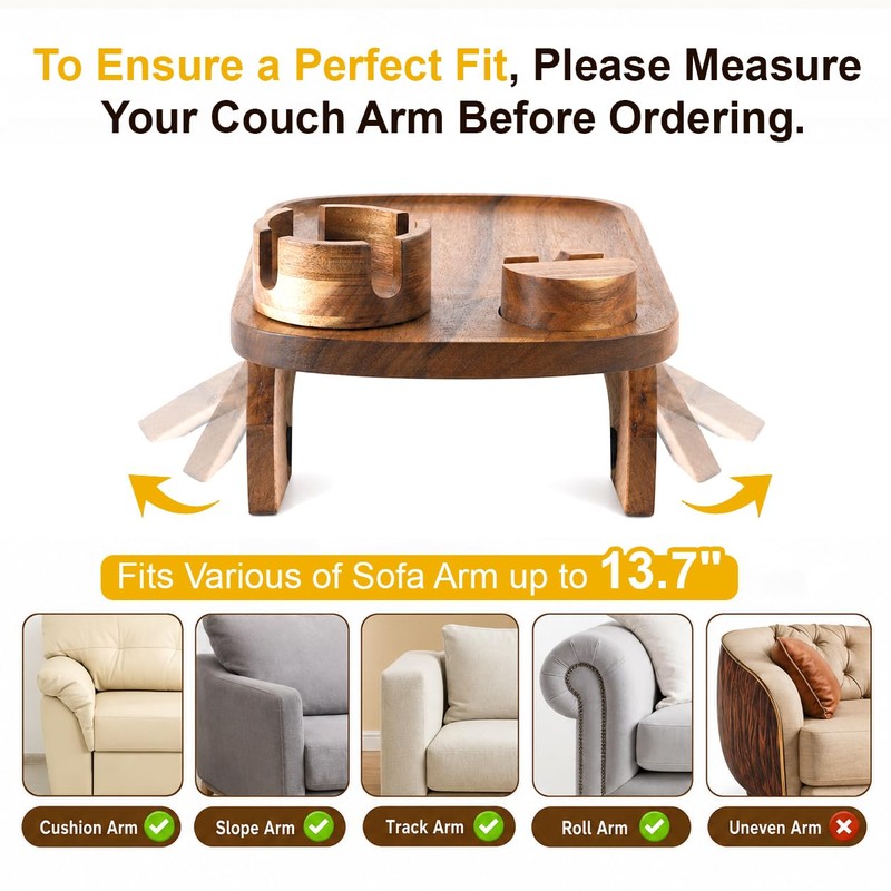 Couch Armrest Table,3-in-1 Clip On Acacia Wood Sofa Armrest Tray
