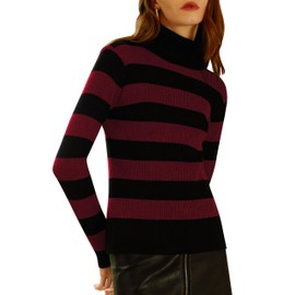 ninovino Women's Turtleneck Ribbed Pollover Tops Ribbed Knit Striped Sweater Black Red L