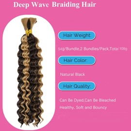 Deep Wave Bulk hair for Braiding No Weft Faux Micro Braiding Hair Braids Extensions for Box Boho Braids 2 Braids Per Pack (P4/27, 24 Inch)