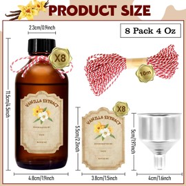 NVioAsport 8 Pack 4 Ounce Amber Glass Bottle with Lids Vanilla Extract Homemade Brown Bottle 4 oz and 8 Pcs Vanilla Extract Stickers for Syrup Gift Glass Food Storage Canister Set Sauce Beans