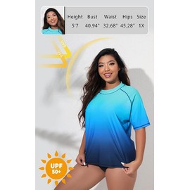Halcurt UV Shirt Women's Plus Size Rash Guard UPF 50+ Sun Protection Swimming Shirt Swimming Shirt Quick Drying Swimwear 1X-4X, Ombre Blue
