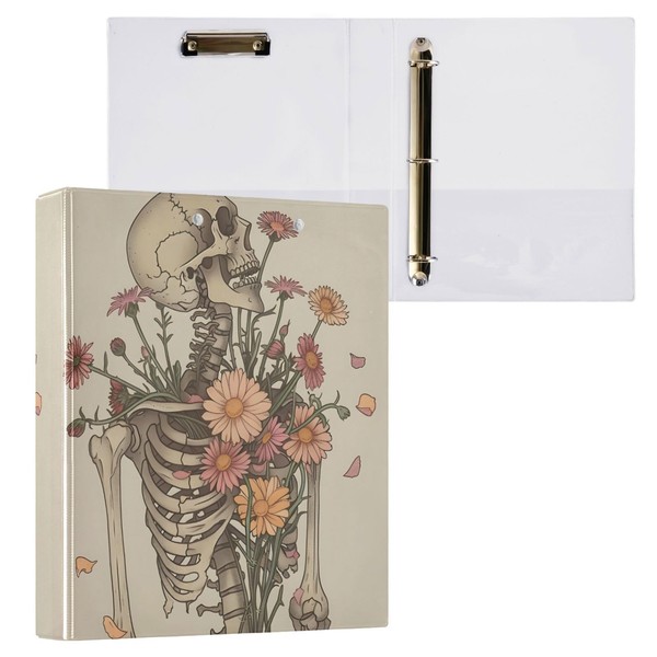 3 Ring Binder, Skeleton Skull Flowers File Folder Holds 200