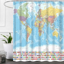 iTapnoom World Map Shower Curtain, Map of The World with National Educational Fabric Shower Curtains Set for Bathroom Boys Girls Kids Map Bath Decor with Hooks 72 X 78 Inch