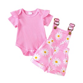 Toddler baby girl summer outfits rompers 9-12 Months daisy Overalls shorts sets pink ruffle ribed short sleeve jumpsuit