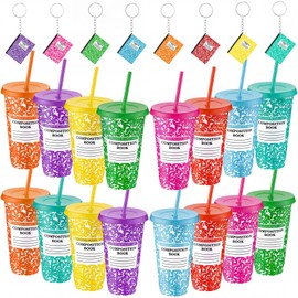 Yungyan 32 Pcs Back to School Gifts Bulk 24oz Plastic Cups with Lids and Straws Composition Book Keychains Teacher Appreciation Tumblers Thank You Gifts for Teacher Classroom First Day of School