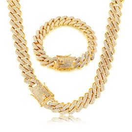 HAIAISO Gold Cuban Link Chain Iced Out for Men 14MM Miami Cuban Link Choker Necklace Bracelet 18K Gold Plated Bling Diamond Chain Bracelet Hip Hop Jewelry for Men Women (51CM)