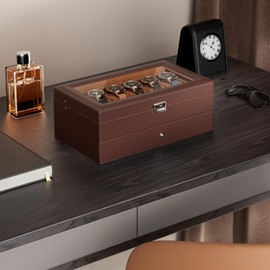 ProCase Watch Box for Men, 12 Slot Mens Watch Case With Drawer, Watch Display Case With Glass Lid, 2-Layer Watch Holder Organizer, Jewelry and Watch Storage for Men Women -12Slot, Espresso