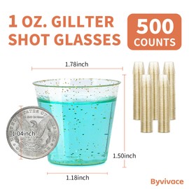 Byvivace 500Counts 1OZ. Disposable Shot Glasses Hard Plastic Shot Cups Gold Glitter Mini Shot Glasses for Tequila, Jello Shots, Liquor, 1Ounce Small Cup for Sauce, Dips, Shot Cups for Party