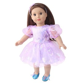 NIXNUT Doll Clothes Princess Gauzy Dress Puff Sleeves Sequins Pattern Summer Clothing for American Girl Doll 18-inch with Bow Hairband