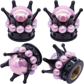 MEAJOO 4PCS Crown Bling Tire Stem Valve Caps, Crystal Diamond Tire Air Cap Set Universal Copper Core Stem Covers for Cars, SUV, Trucks, Bikes, Motorcycles, Bicycles (Black & Pink)