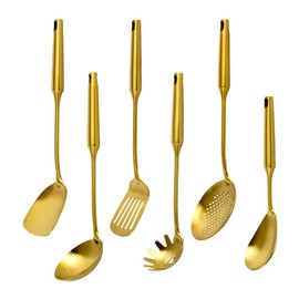 Gold 304 Stainless Steel Kitchen Utensils Set, VALESKA 6 PCS Metal Cooking Utensils Set, Wok Spatula, Ladle, Skimmer Slotted Spoon, Pasta Spoon, Serving Large Spoon, Slotted Spatula Tunner