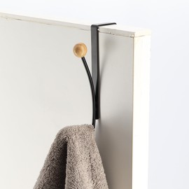 Over The Door Hook Rack Black Finish with 2 Natural Wooden Ball Ends - Double Metal Hanger Fits Standard Doors for Hats Coats Towels Bags Scarves - Entry Closet or Bathroom Use