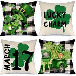 MODOVOS Buffalo Plaid Lucky Clover Hat St Patricks Day Pillow Covers 18x18 Set of 4 Farmhouse St Patricks Day Decorations Lucky Charm Gnomes Truck Shamrock Throw Cushion Case for Home Sofa Couch