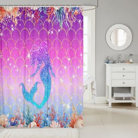 Feelyou Cortina de ducha rosa sirena de 72 x 84 pulgadas, juego de cortina de ducha de baño con animales marinos para niñas, decoración de princesa, curtai, impermeable, escamas de pescado, accesorios